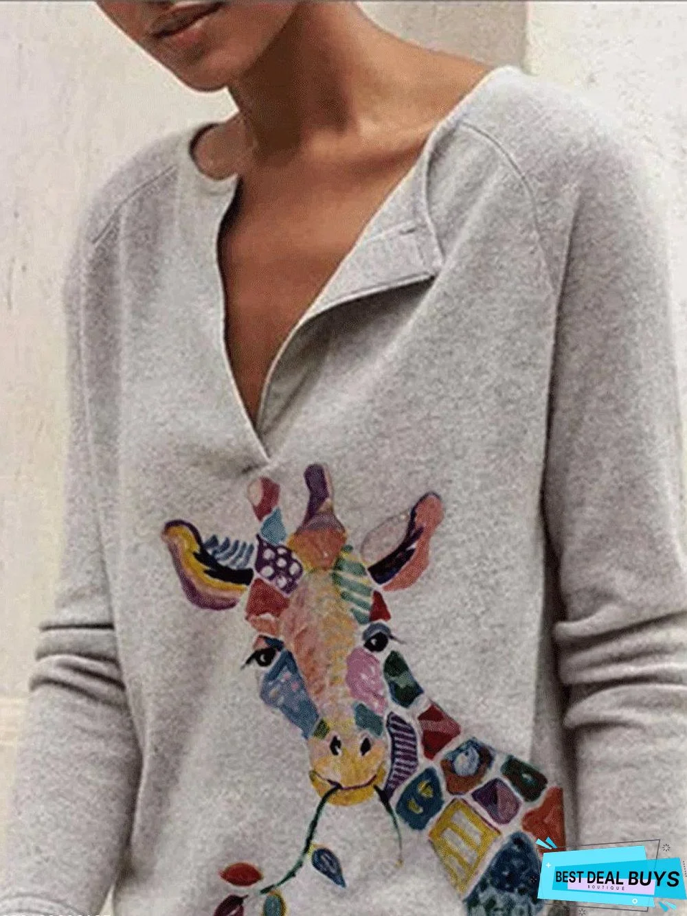 Round Neck Fawn Print Casual Long-Sleeved T-Shirt