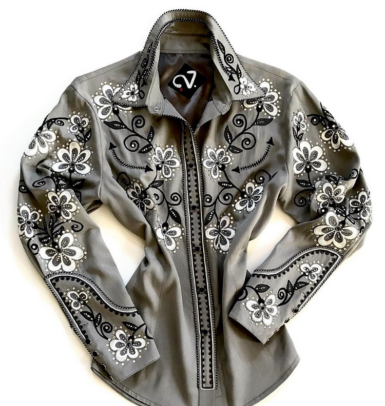 Gray Vintage Rodeo Printing Embroidered Long Sleeve Shirt