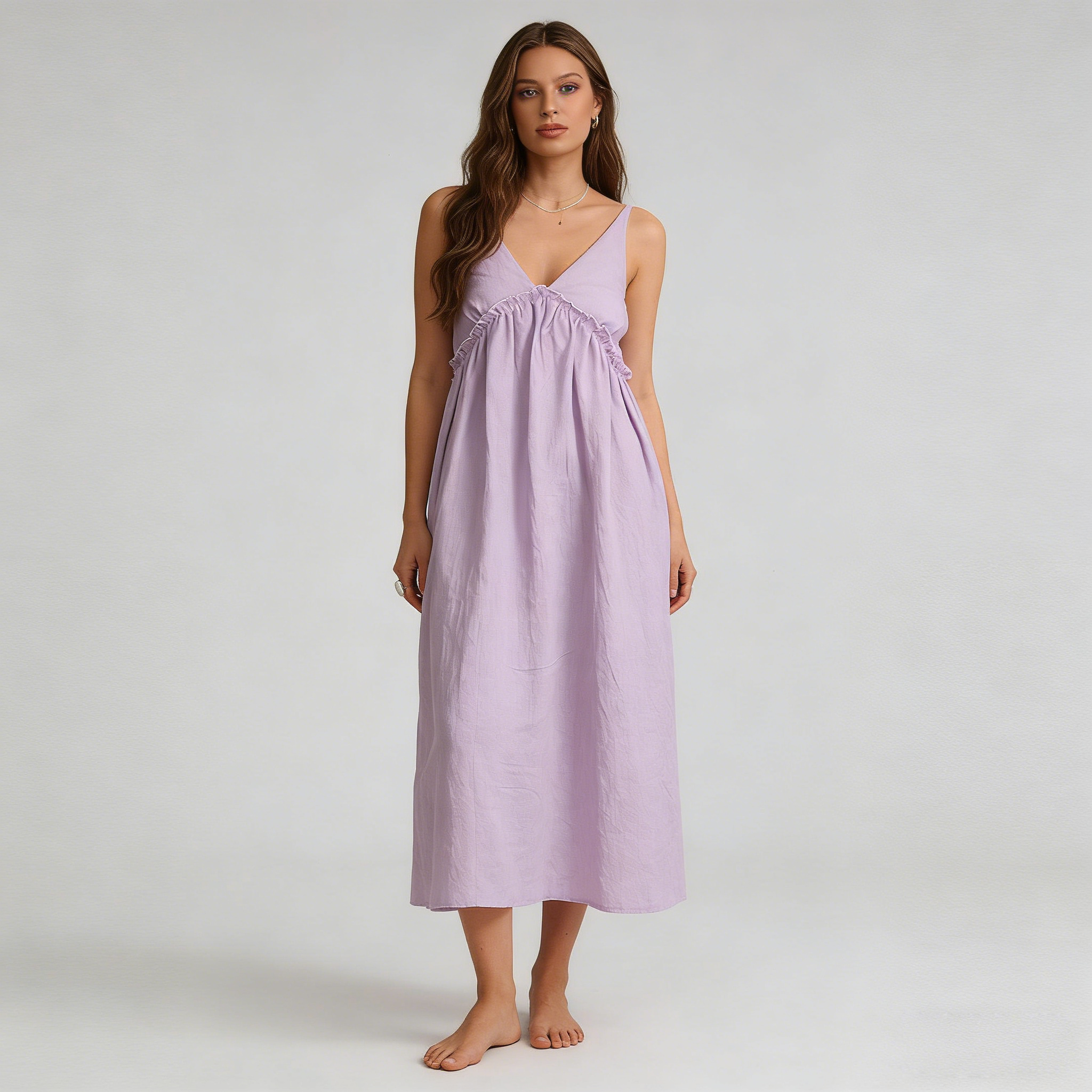 Linen Midi Dress Women 100% Linen V Neck Spaghetti Strap Summer Dress Breathable REAL SILK LIFE