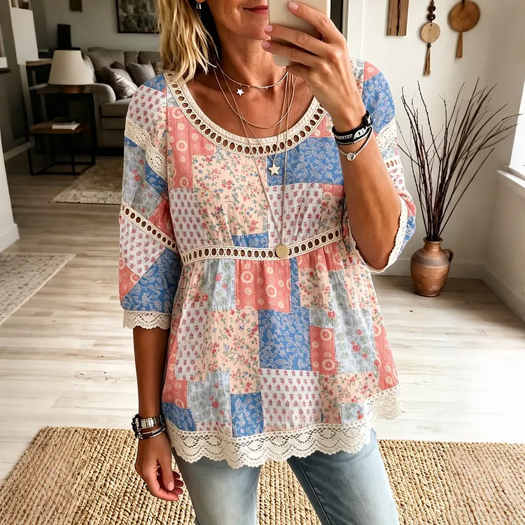Women's Vintage Floral Patchwork Art Flowy Three-quarter Sleeve Casual Tops