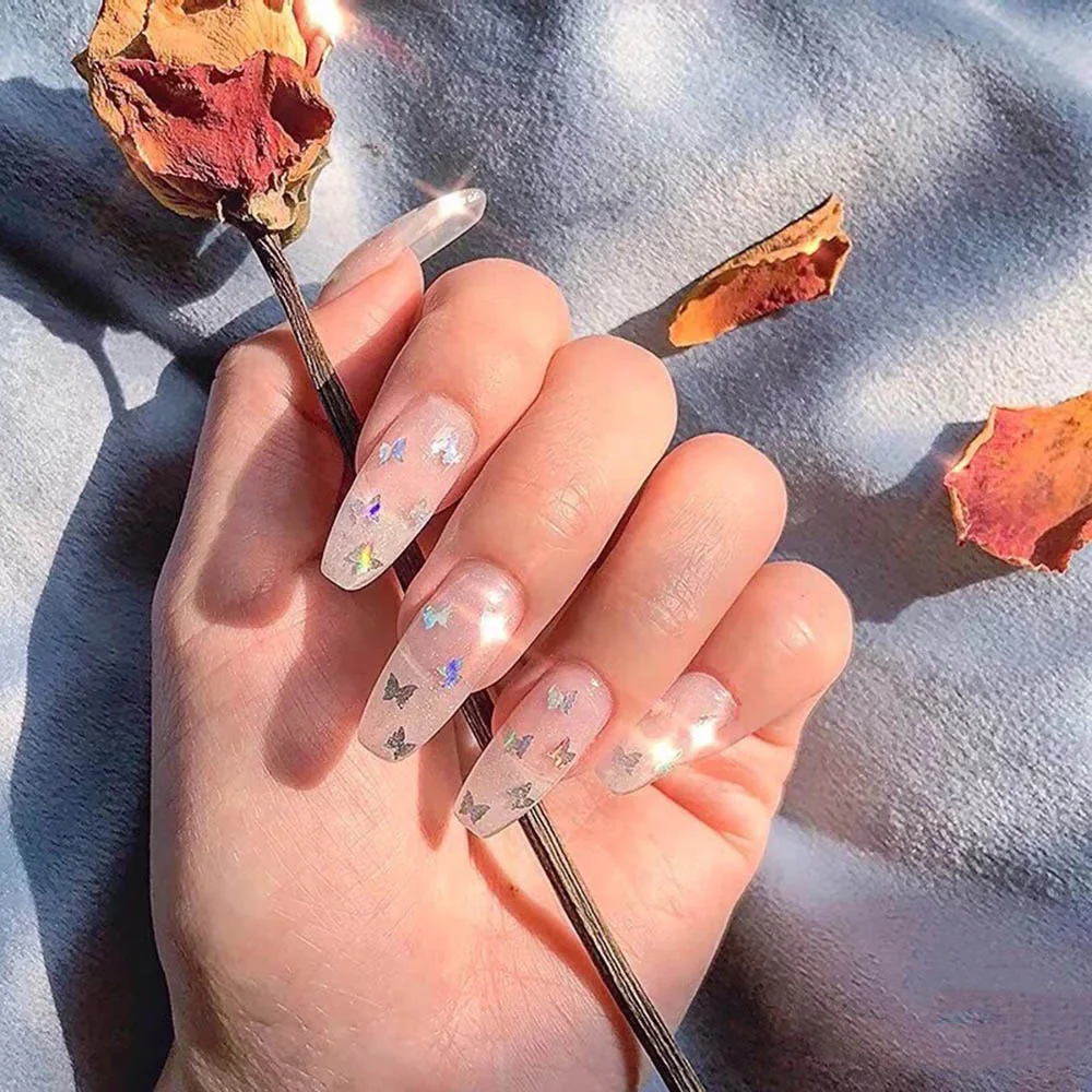 24PCS/box Gradient Color Ballet Med-Length Fake Nails press on full cover Wearing Wearable acrylic nail tips with glue for girls-Nail Inspo