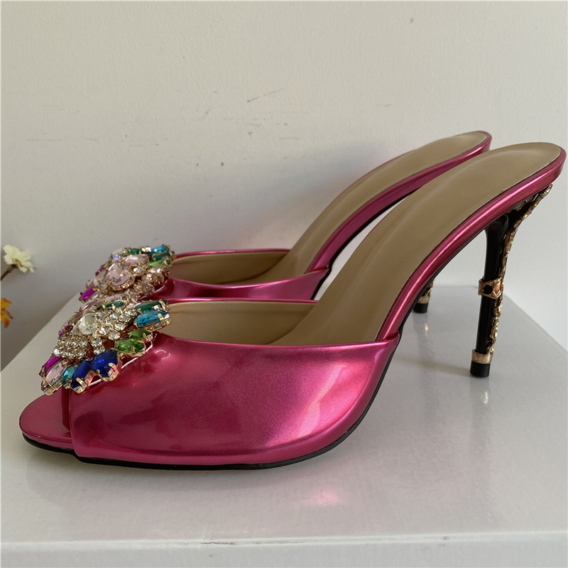 VCSHOES Patent Leather Rhinestone Flower Lazyman Mules Open Toe Metal Petal Decor High Heel Sandals Women