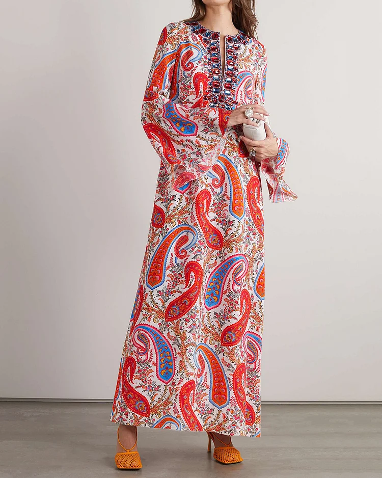 Paisley-print crystal-embellished kaftan gown