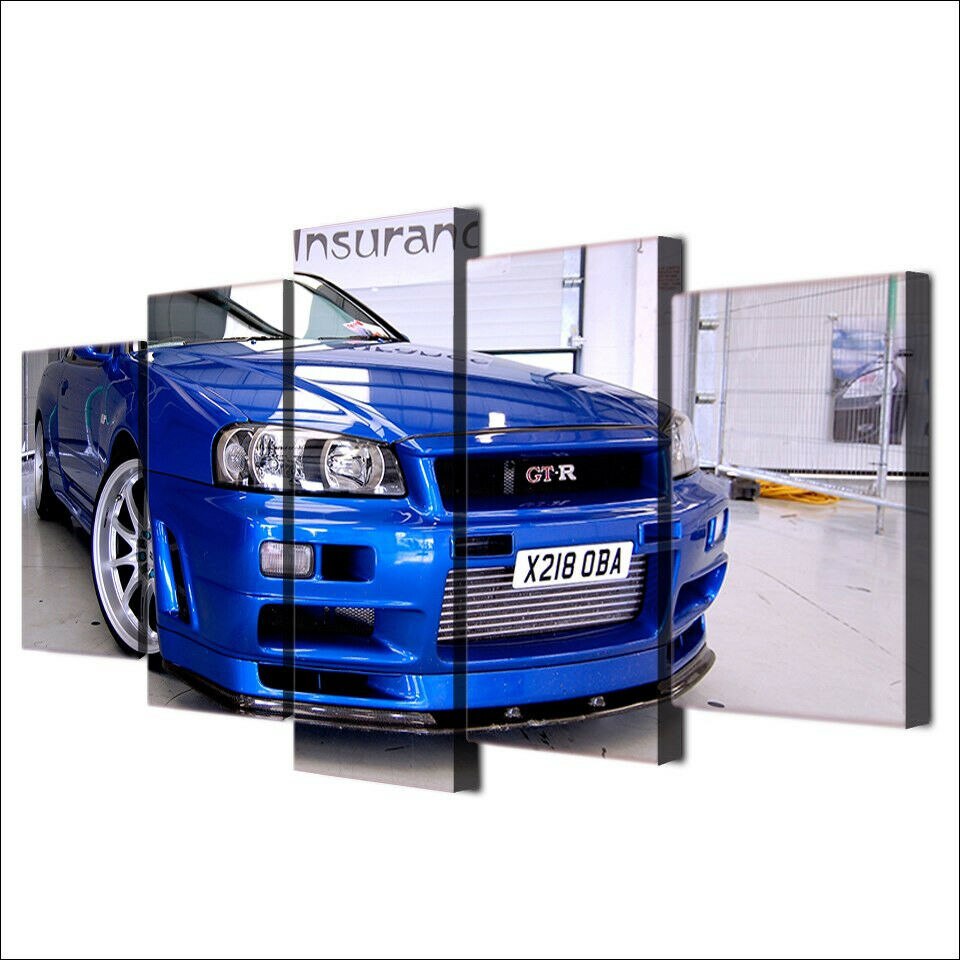 Blue Nissan Skyline Gtr Luxury Car 5 Panel Wall Art Canvas Posters Painting for Living Room Home Decor Pictures Decorations