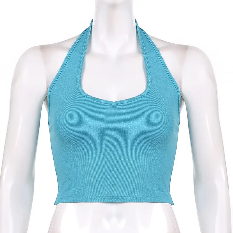 Blue Knitted Halter Backless Crop Tops Women U-Neck Sleeveless Skinny Cami Female Korean