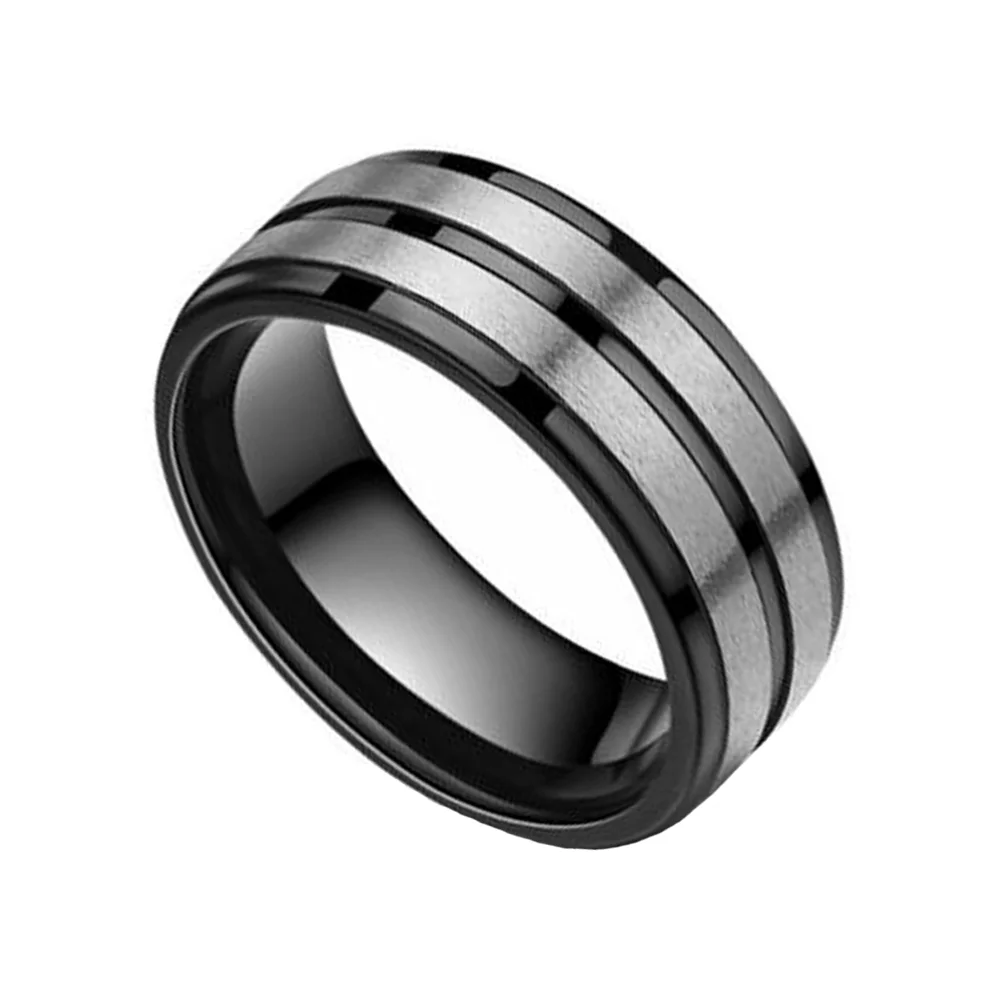 8mm Black Tungsten Rings Double Silver Brushed Polished Finished For Mens