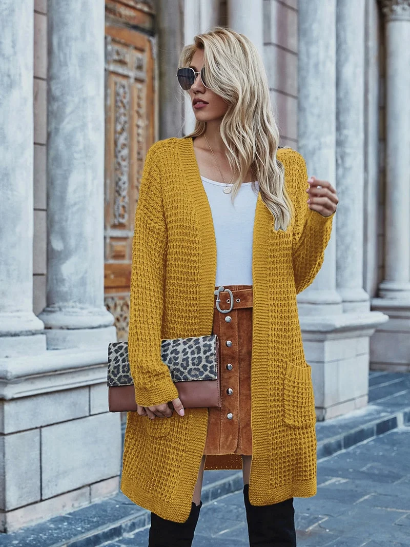 Fitshinling Oversize Knitted Long Cardigan For Women Pockets Slim Solid Winter Coat Jacket Female Long Sleeve Sweaters Cardigans