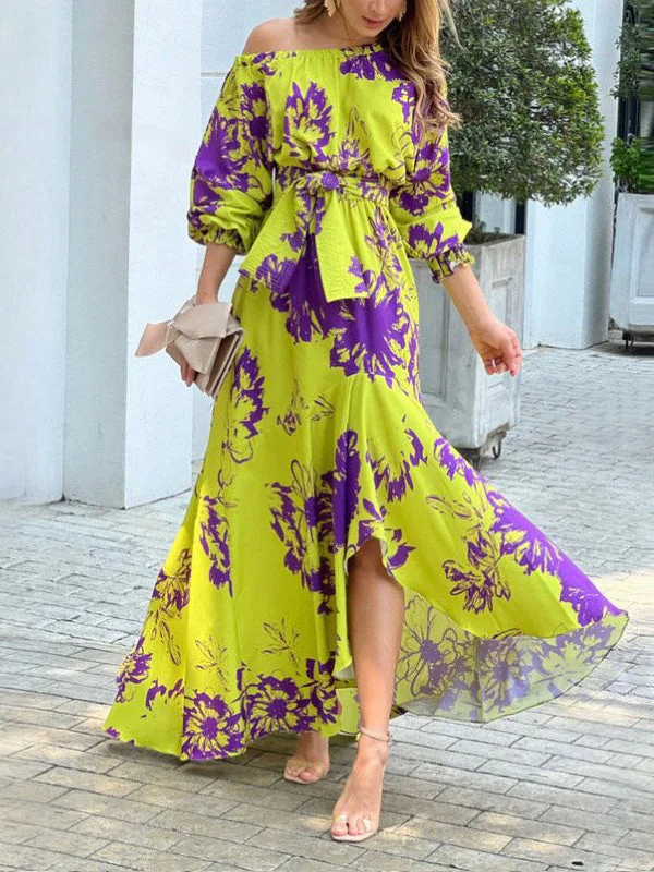 Style & Comfort for Mature Women Women's Long Sleeve Floral Printed Lace-up Maxi Dress