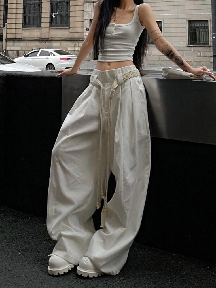OLCooL Y2K Casual Wide Leg Pants Women American High Street Fashion Sweatpants White Loose All Match Pleated Trousers Female New olcool