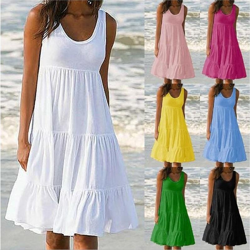 2021 Solid Color Beach Dress Women's 8-color 8-size Sleeveless Round Neck Patchwork Large Swing Beach Skirt In Stock