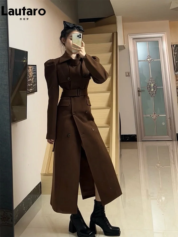Huiketi Autumn Winter Extra Long Black Elegant Luxury Fitted Woolen Coat Women Puff Sleeve Blet Luxury Designer Clothes 2023