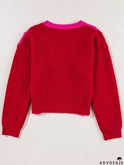 Plaid Heart Round Neck Sweater