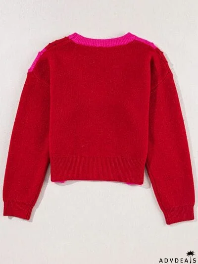 Plaid Heart Round Neck Sweater