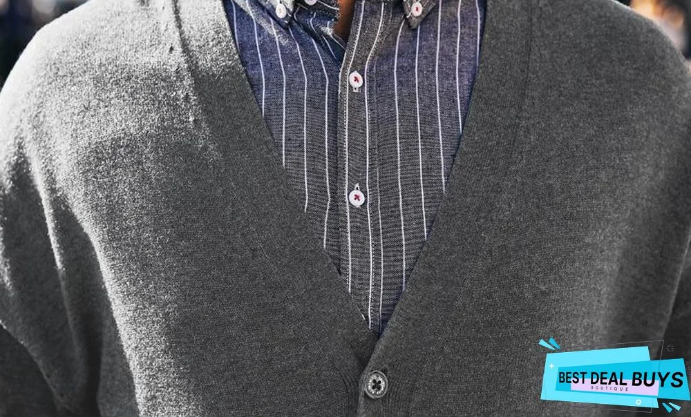 Mens V-Neck Sweater Casual Solid Color Sweater Plus Size Cardigan Tops