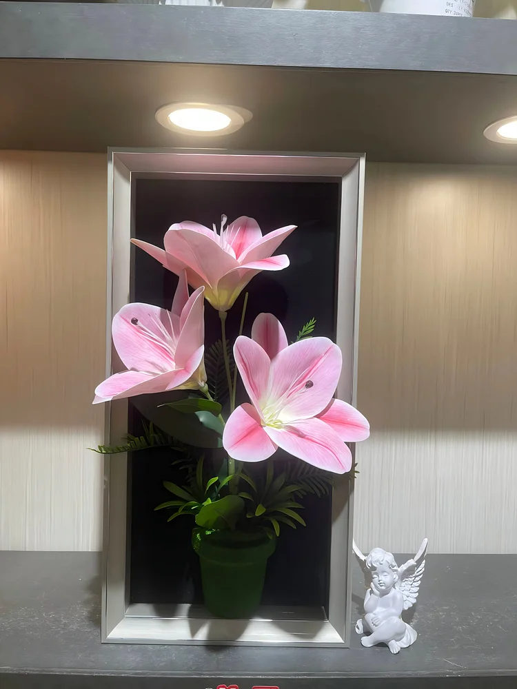 Pink Lily Realistic Framed Flower Art (23*45cm) - 3D Artificial Flower Decoration for Living Room & Entryway