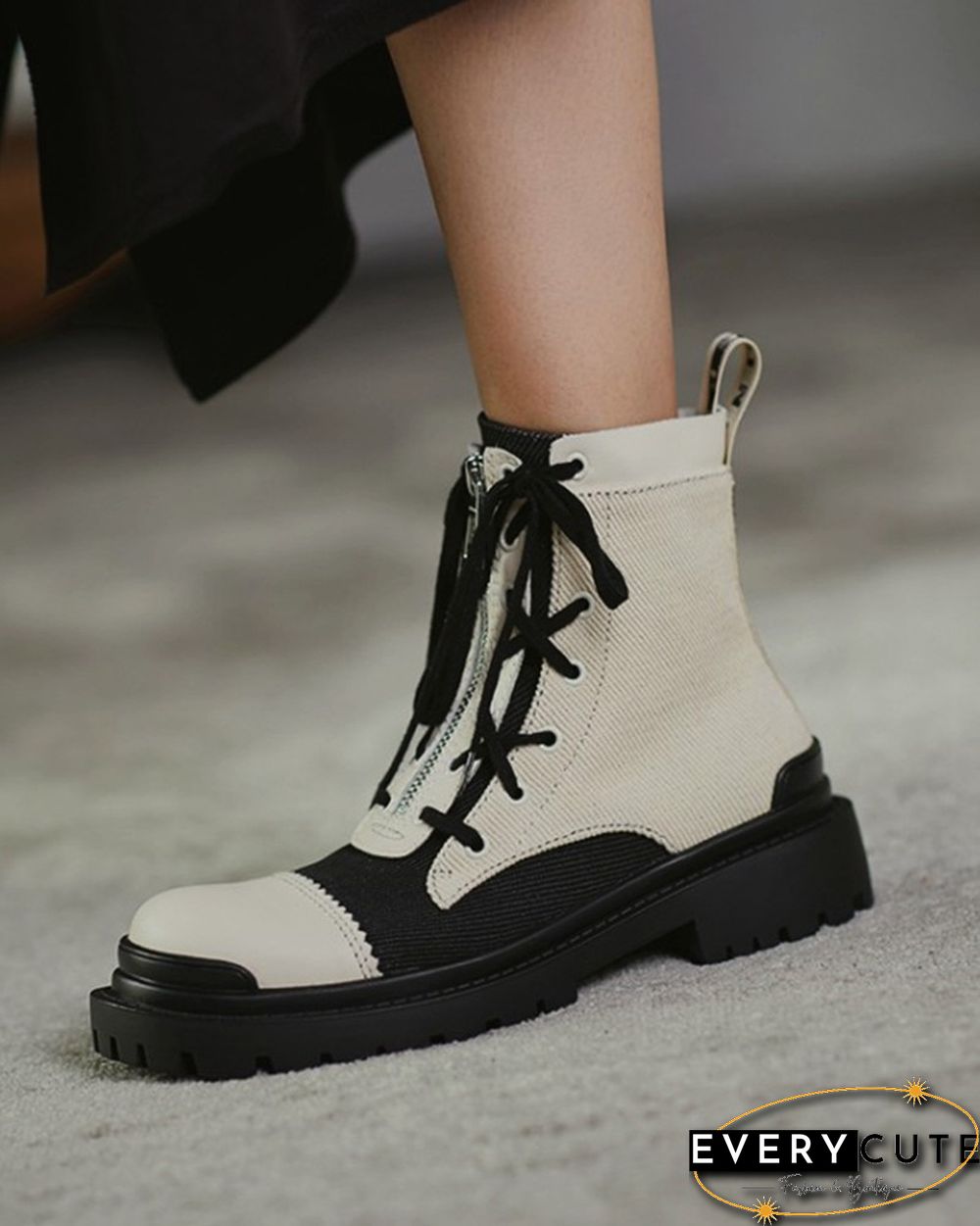 Color Patchwork Round-toe Lace-up Boots