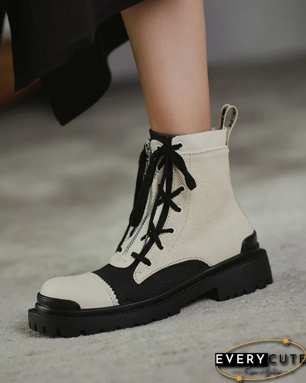 Color Patchwork Round-toe Lace-up Boots