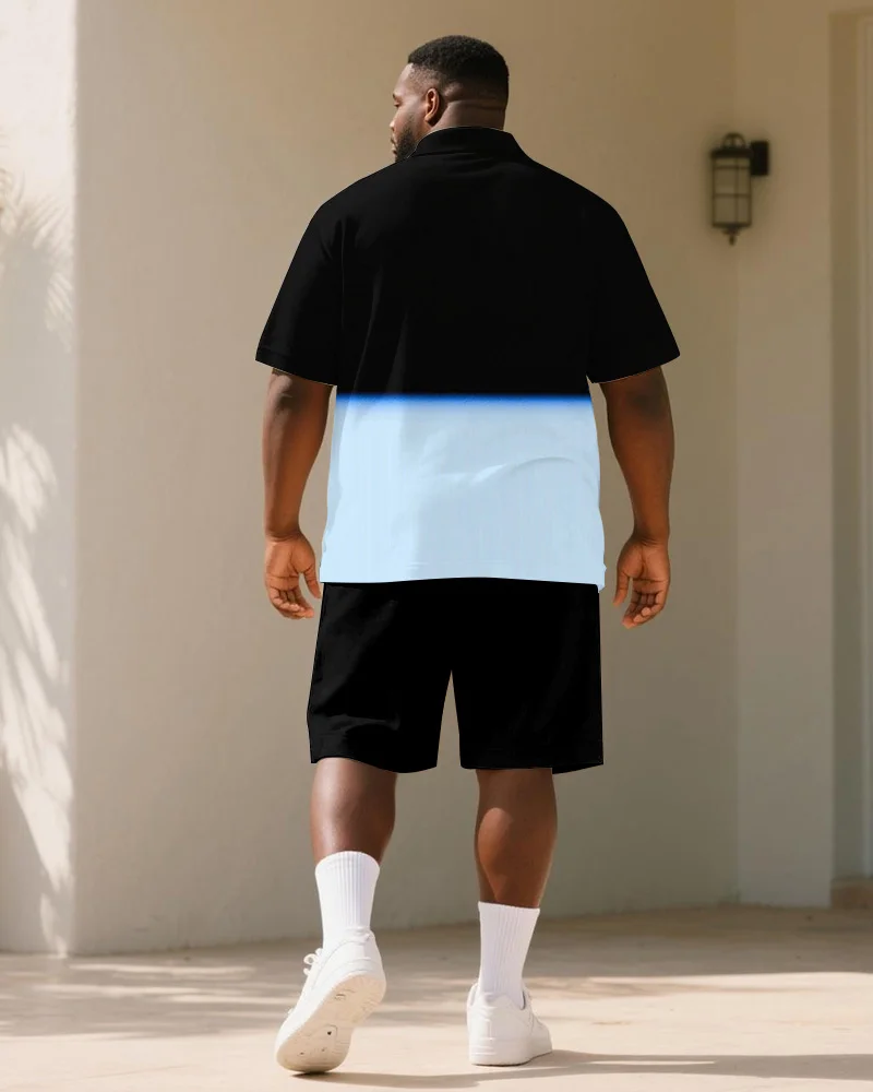 Men's Plus Size Black Gradient Color Block Letter Print Short Sleeve Polo Shirt Shorts Suit