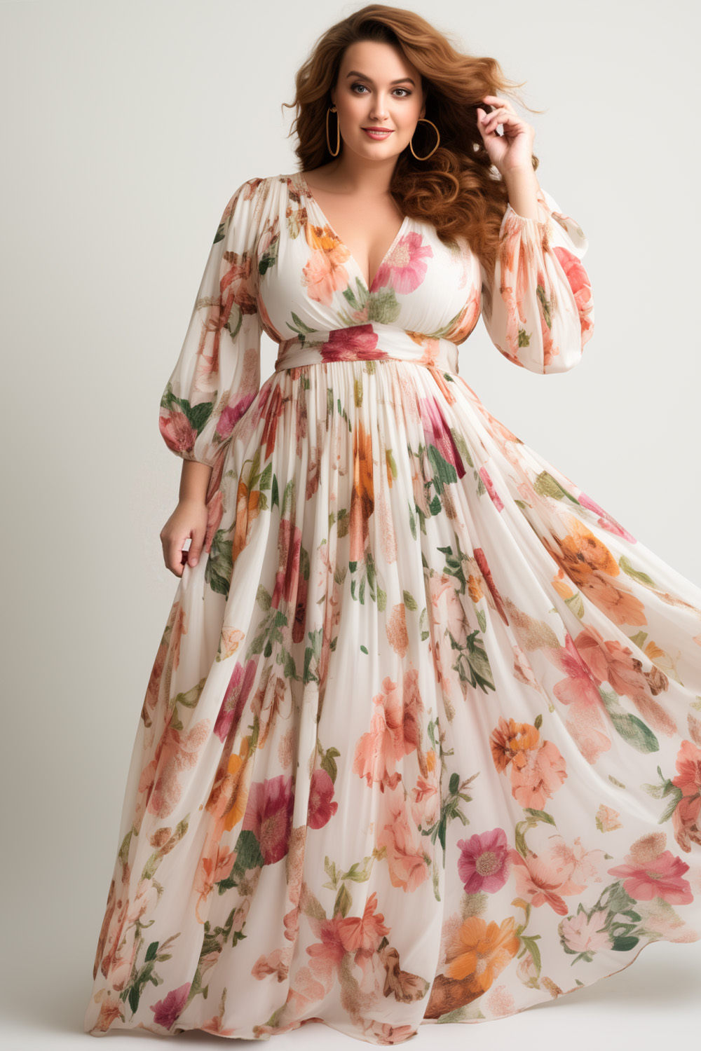 Flycurvy Plus Size Wedding Guest Pink Chiffon Floral Print Lantern Sleeve Maxi Dress 2024 - Flycurvy 