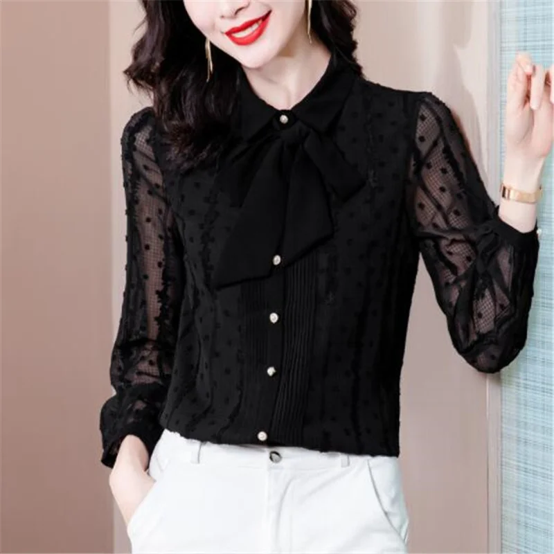Bow Jacquard Blouse Business Offce Lady Shirt Long Sleeve Open Stitch Lace Chiffon Shirt Button Top Basic Sweet Female Blouses