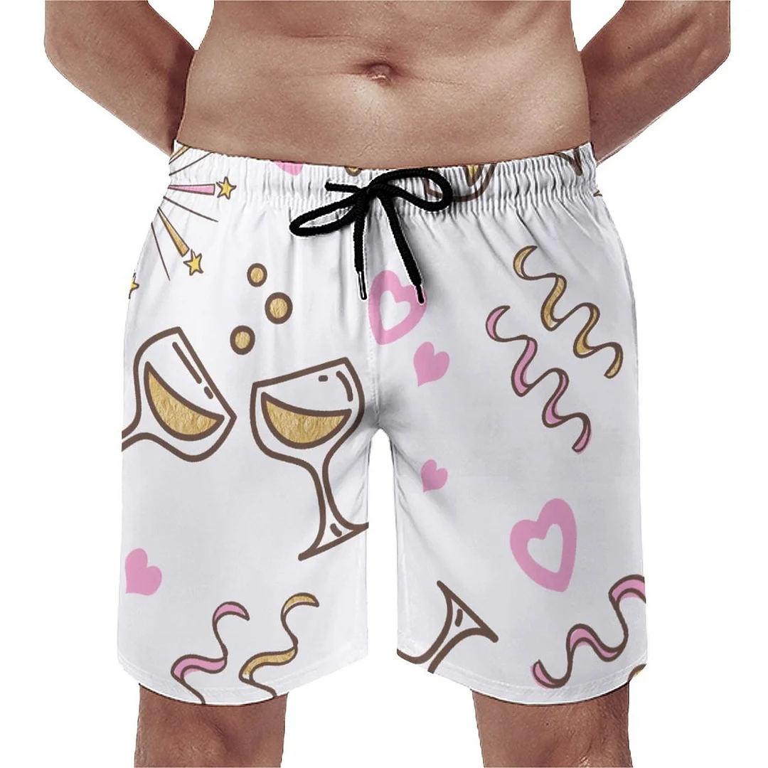 Anniversary Celebration Love Fireworks Ribbons Men's Swim Trunks Summer Board Shorts Quick Dry Beach Short with Pockets