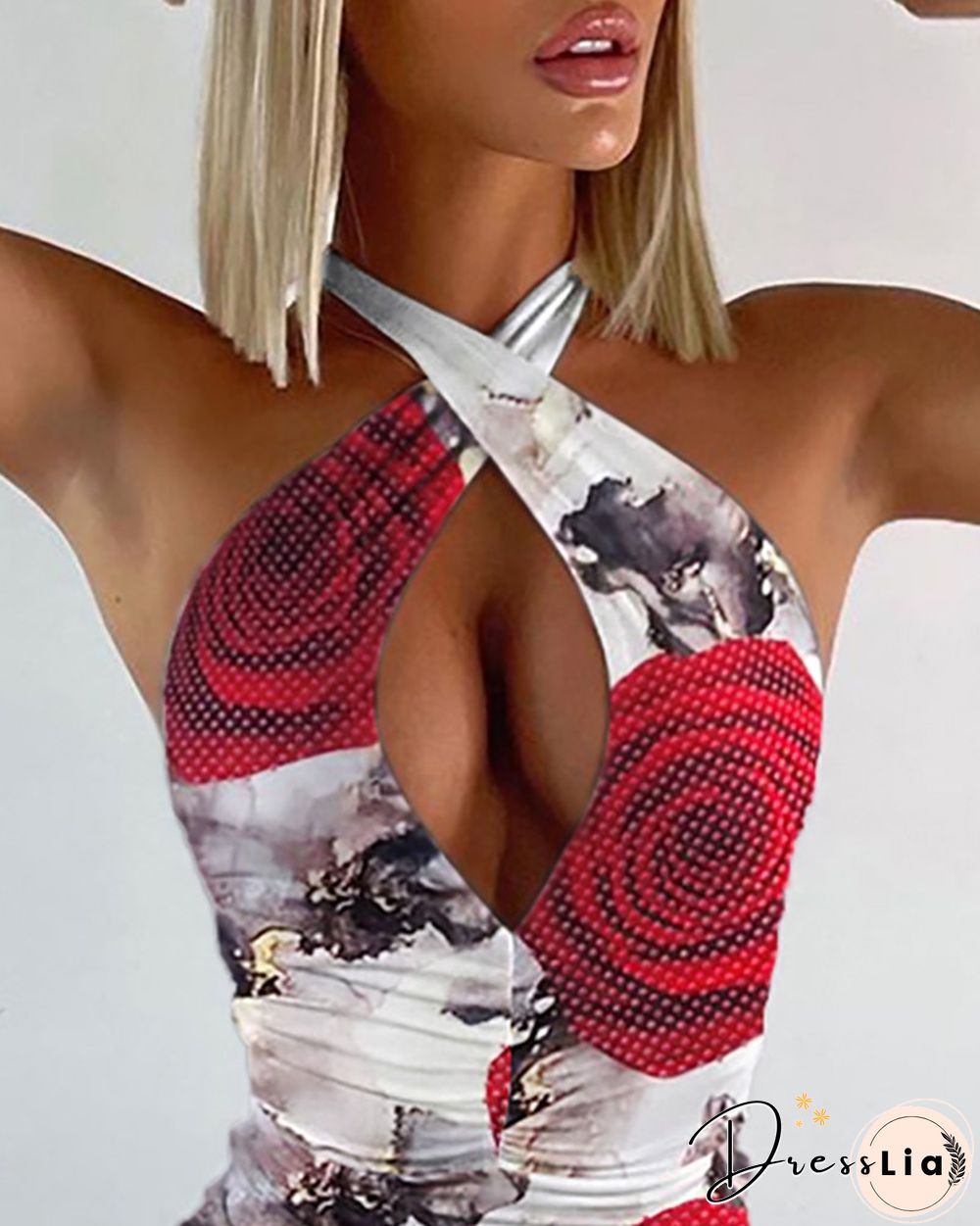 Tie Dye Floral Print Ruched Cutout Bodycon Dress