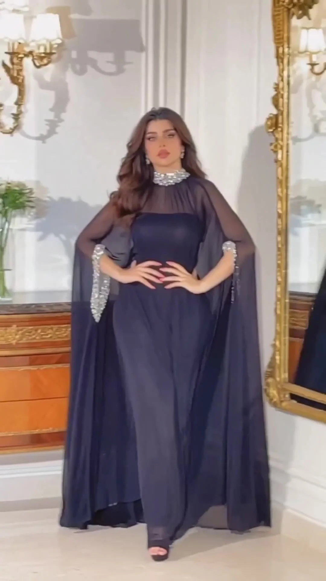 Toloer Toloer Middle East Summer New Chiffon Sequins Splicing Half High Collar Casual Women's Big Skirt Women-Outfit Ideas