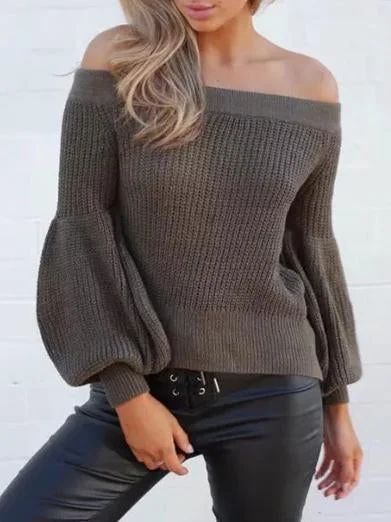 Knitting Off-the-shoulder Puff Sleeves Sweater Tops | EGEMISS