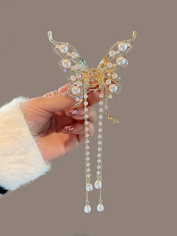 Pearl Diamond Butterfly Tassel Hair Clip KERENTILA