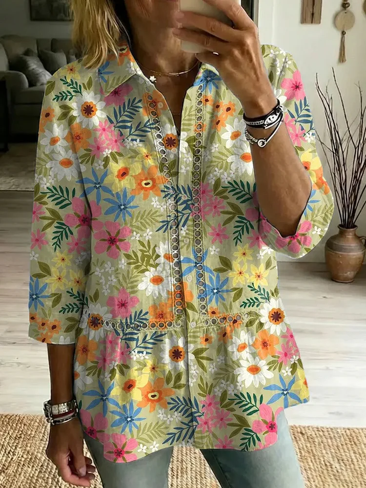 Women's Retro Floral Art Print Casual Lapel Cotton Shirt