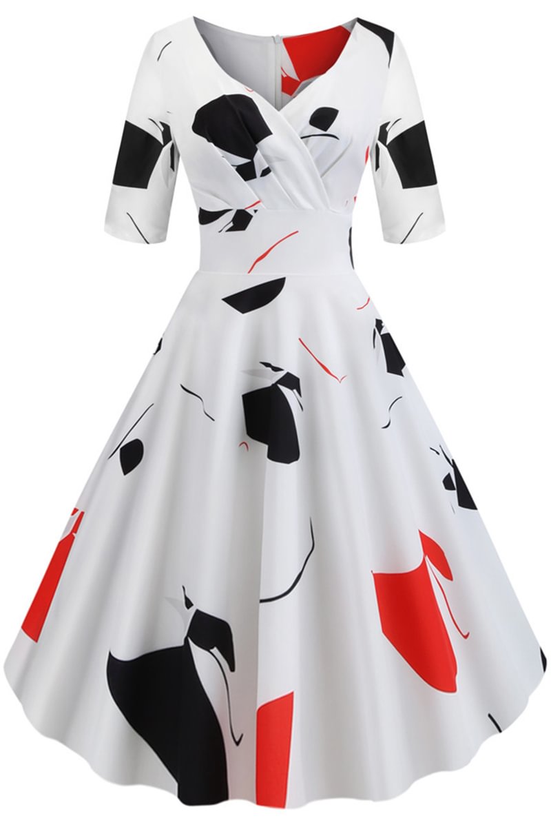 1950s White Party All Over Print V Neck Bell Midi Dress