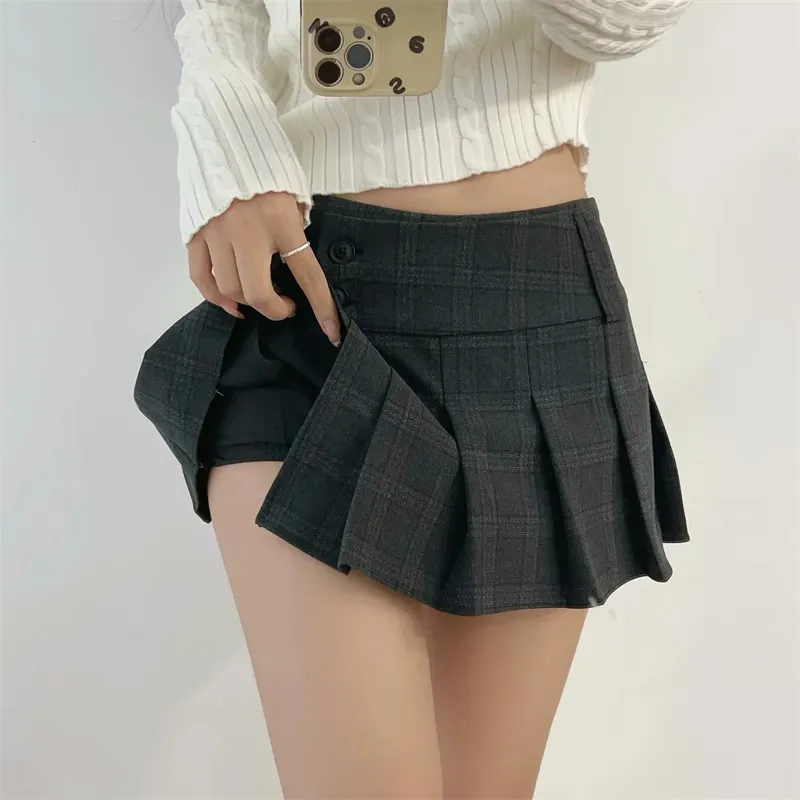 Safety Shorts Lined Button Detail Plaid Pleated Skirt High Waist Casual Mini Skirt
