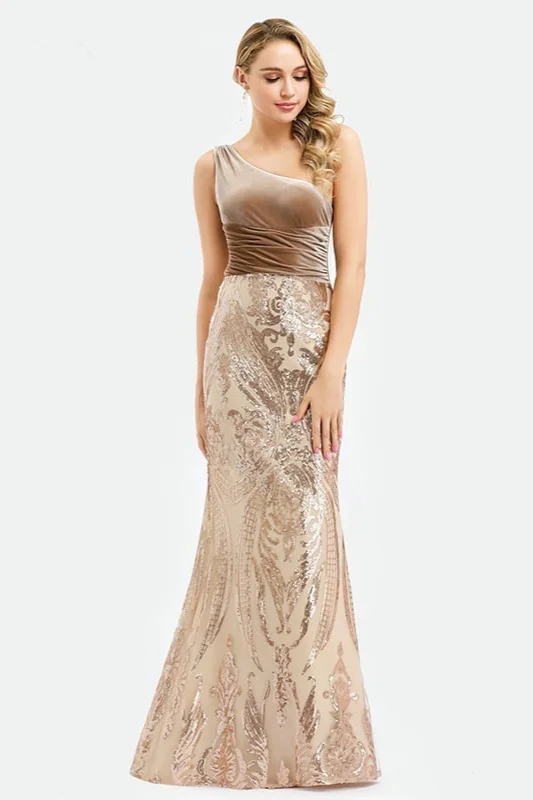 One Shoulder Sequins Velvet Prom Dress Long Mermaid Evening Gowns Online