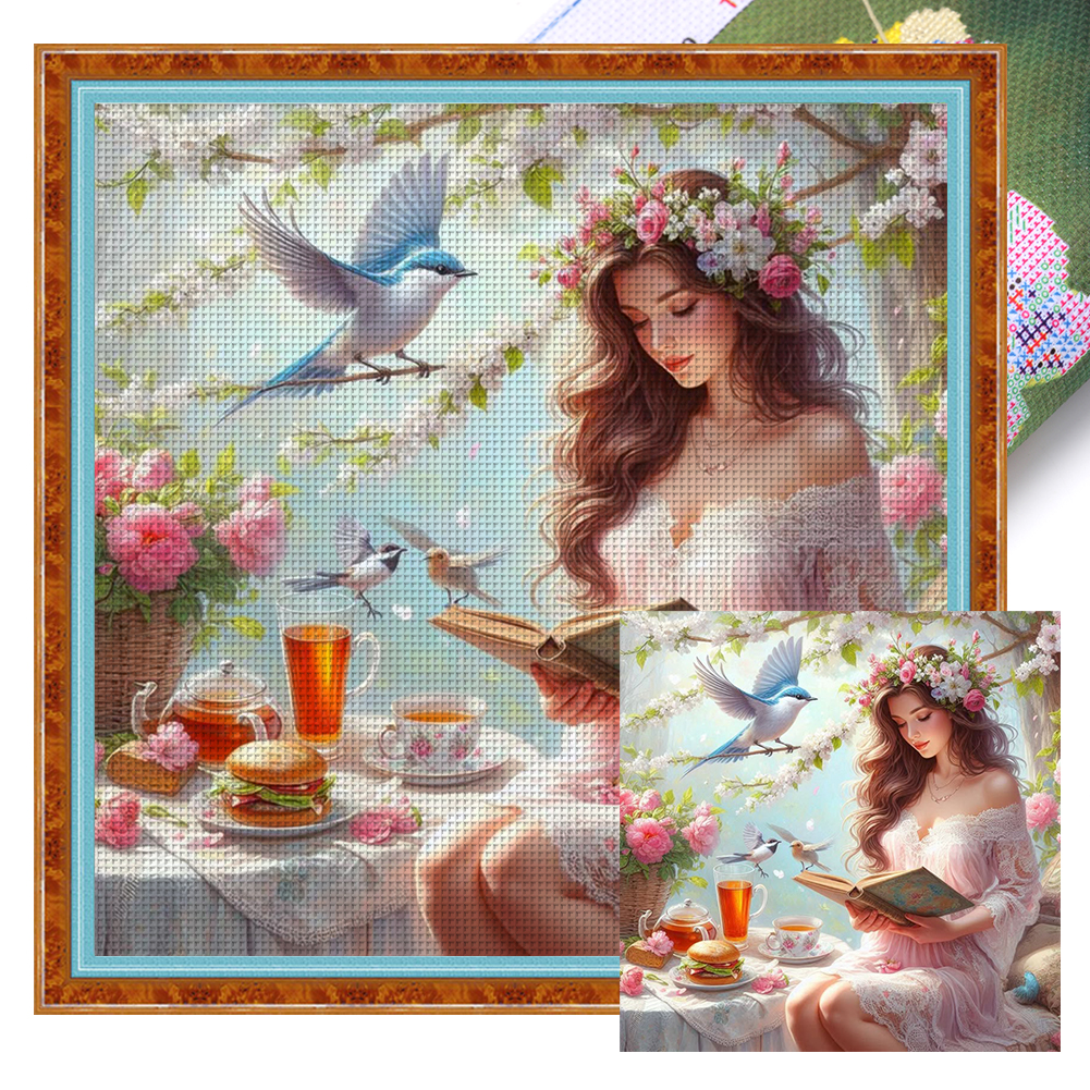 Girl Reading Full 11CT Pre-stamped Canvas(50*50cm) Cross Stitch