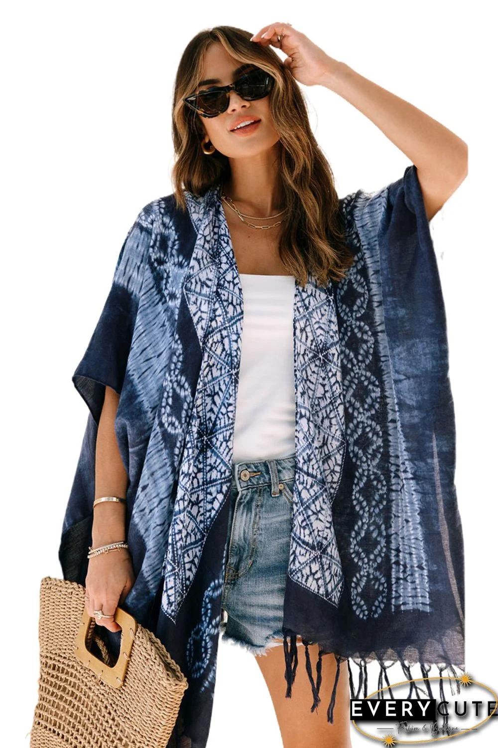 Blue Tie Dye Short Sleeves Tassels Kimono