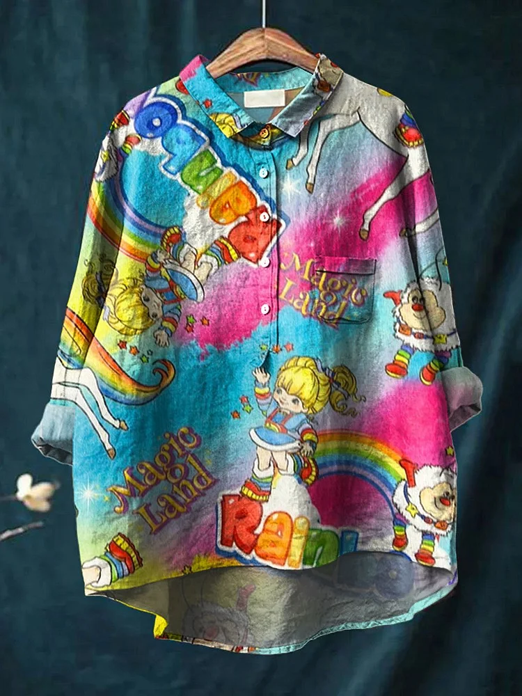 Vintage 1980 Rainbow Girl Cartoon Pattern Art Print Casual Cotton And Linen Shirt