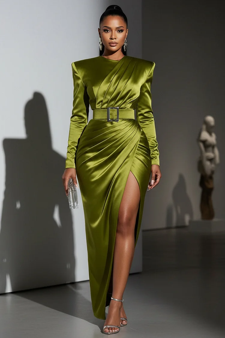 Shoulder Padded Wrinkle Overlap Slit Party Maxi Dresses-Green [Pre Order]