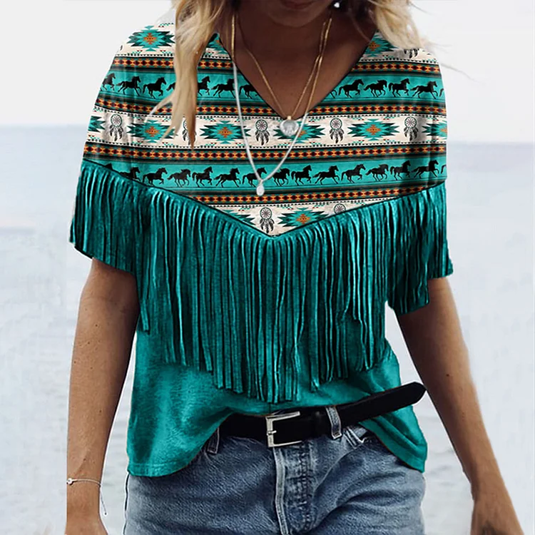 Western Fringe Print V-Neck Casual T-Shirt