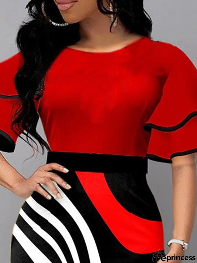 Work Dress Sheath Dress Semi Formal Dress Fashion Flared Sleeve Midi Dress Ruffle Print Crew Neck Half Sleeve Color Block Sunflower Slim White Red Summer Spring S M L XL XXL for Women