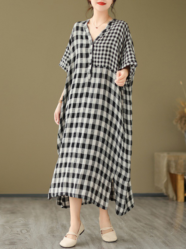 Plaid Pattern V Neck Bat Wing Sleeve  Loose Maxi Dress