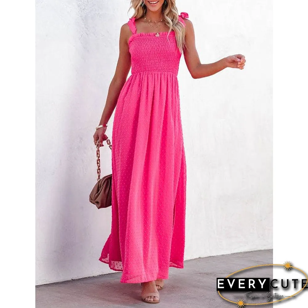 Rosy Smocked Swiss Dot Side Split Maxi Dress