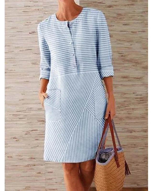 Women's Shift Dress Knee Length Dress - 3/4 Length Sleeve Striped Solid Color Clothing Summer Hot Casual Holiday Loose 2020 Blue Green Gray S M L XL XXL 3XL