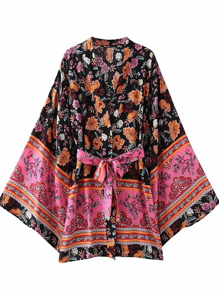 Vintage Pink Floral Printed Long Sleeve Lace-up Short Kimono