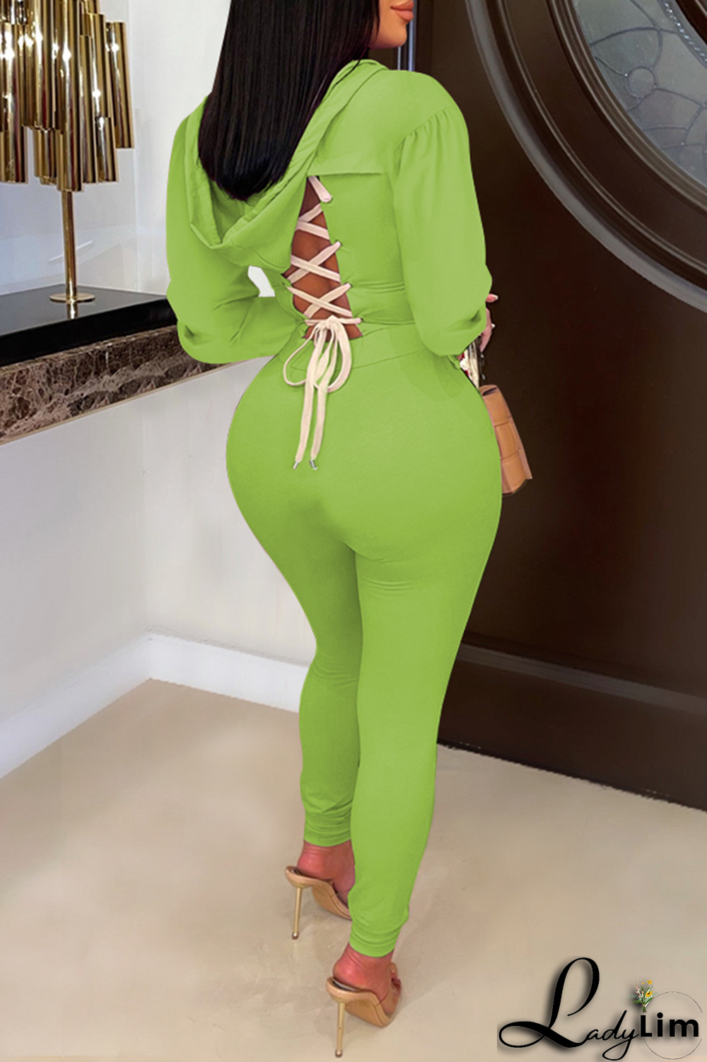 Black Casual Solid Draw String O Neck Long Sleeve Two Pieces