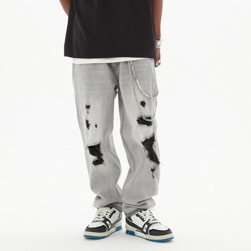 Streetwear Ripped Men's Hip Hop Y2k Light Grey Wide-leg Jeans-VESSFUL