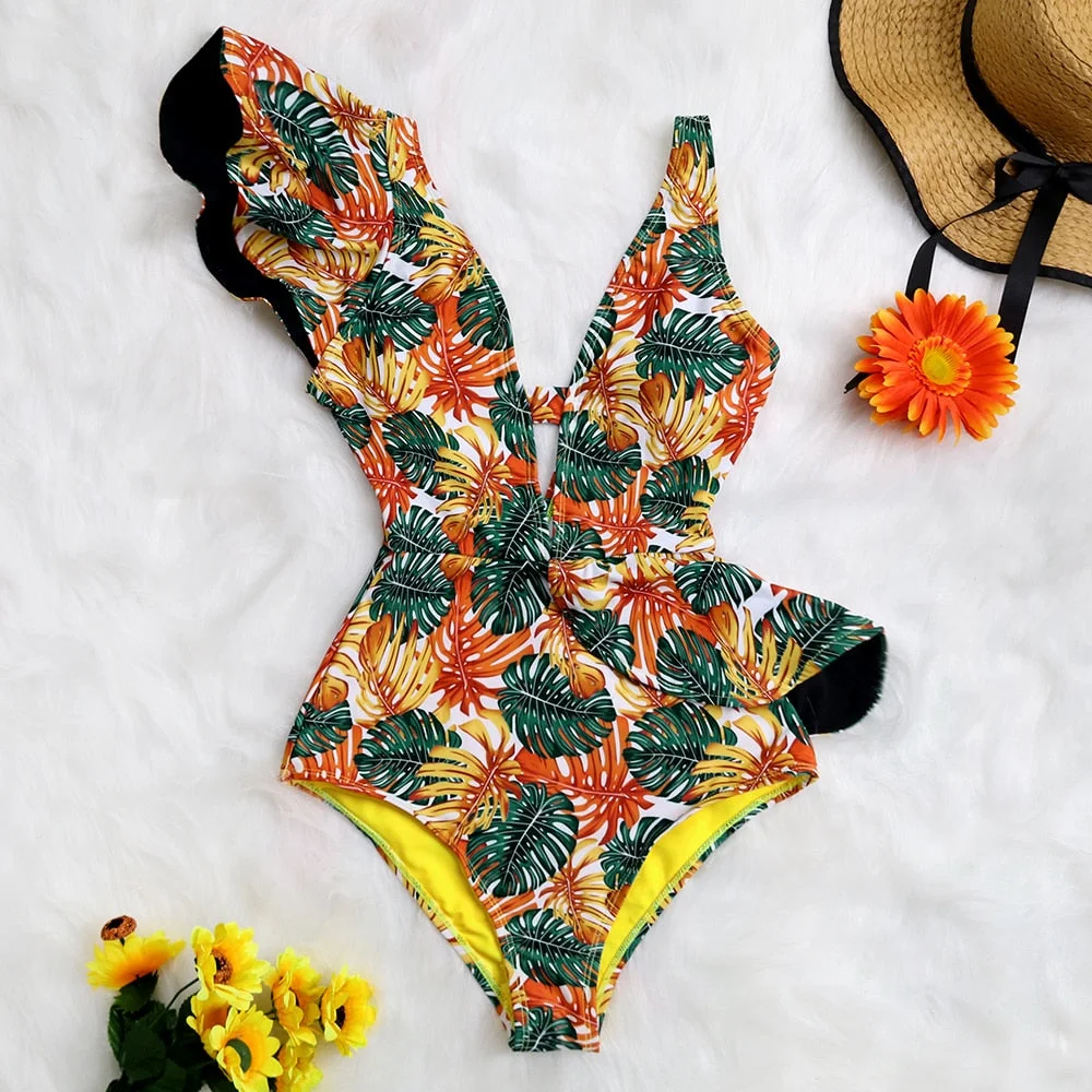 2022 New Sexy Ruffle Print Floral One Piece Swimsuit Off The Shoulder Swimwear Women Solid Deep-V Beachwear Bathing Suit Monkini