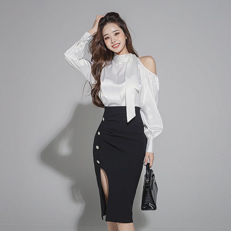 White Lucien One Shoulder Long Sleeve Shirt & Black Bodycon Skirt Black and White Office Work Outfit for Women