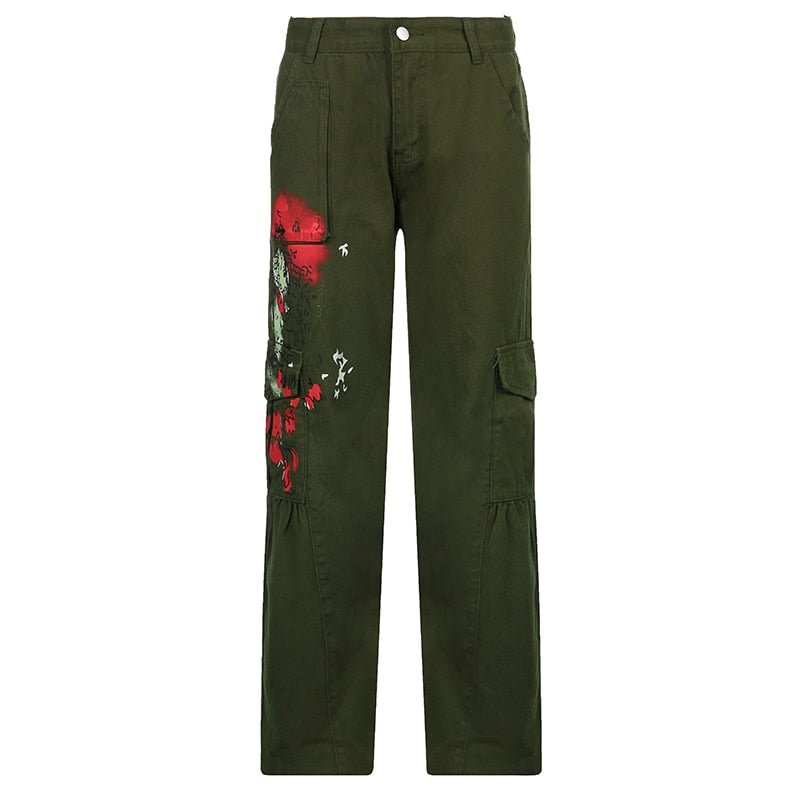 Harajuku Print Retro Low Waist Cargo Denim Pants Vintage Pockets Punk Grunge Clothes Streetwear Loose Sweatpants Cuteandpsycho