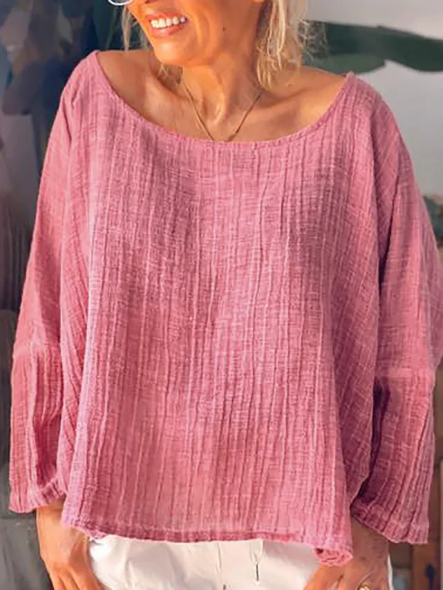 Women's Casual Round Neck Long Sleeve Cotton Linen Top