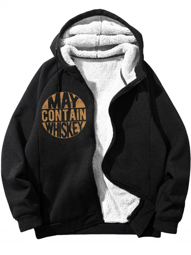Men's May Contain Whiskey Funny Text Letters Graphic Print Hoodie Zip Up Sweatshirt Warm Jacket With Fifties Fleece socialshop